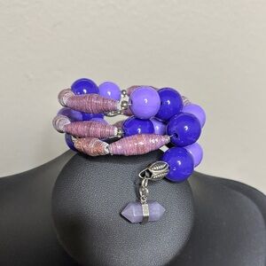 Wrap Paper Bead Purple Tones Amethyst Charm Bracelet Boho Silver Tone